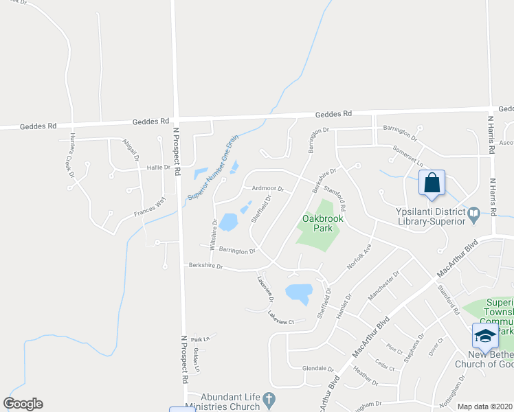 map of restaurants, bars, coffee shops, grocery stores, and more near 2091 Sheffield Drive in Superior Charter Township