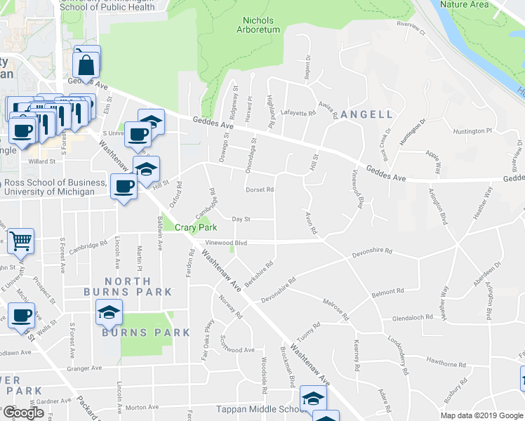 map of restaurants, bars, coffee shops, grocery stores, and more near 2063 Day Street in Ann Arbor