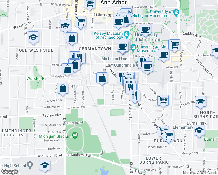 map of restaurants, bars, coffee shops, grocery stores, and more near 420 Hill Street in Ann Arbor