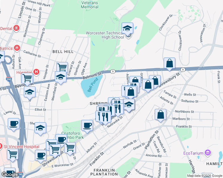 map of restaurants, bars, coffee shops, grocery stores, and more near 28 Creston Street in Worcester
