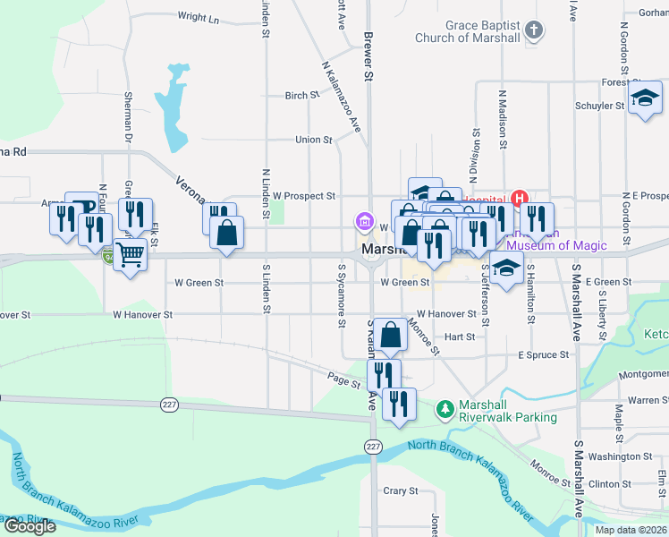 map of restaurants, bars, coffee shops, grocery stores, and more near 114 South Sycamore Street in Marshall
