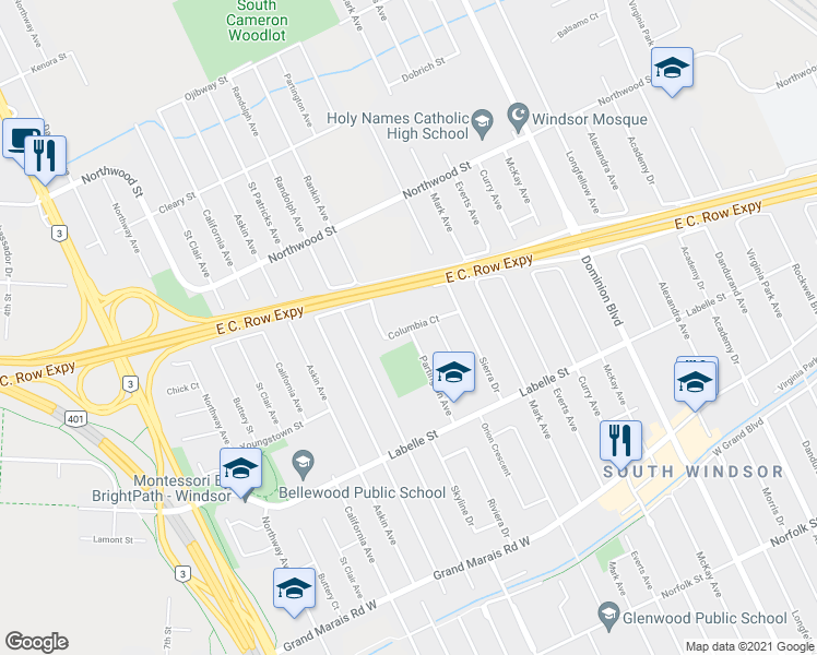 map of restaurants, bars, coffee shops, grocery stores, and more near Columbia Court in Windsor
