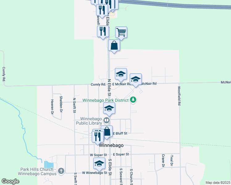 map of restaurants, bars, coffee shops, grocery stores, and more near 407 North Elida Street in Winnebago