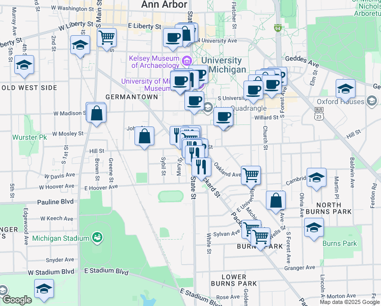 map of restaurants, bars, coffee shops, grocery stores, and more near 819 South State Street in Ann Arbor