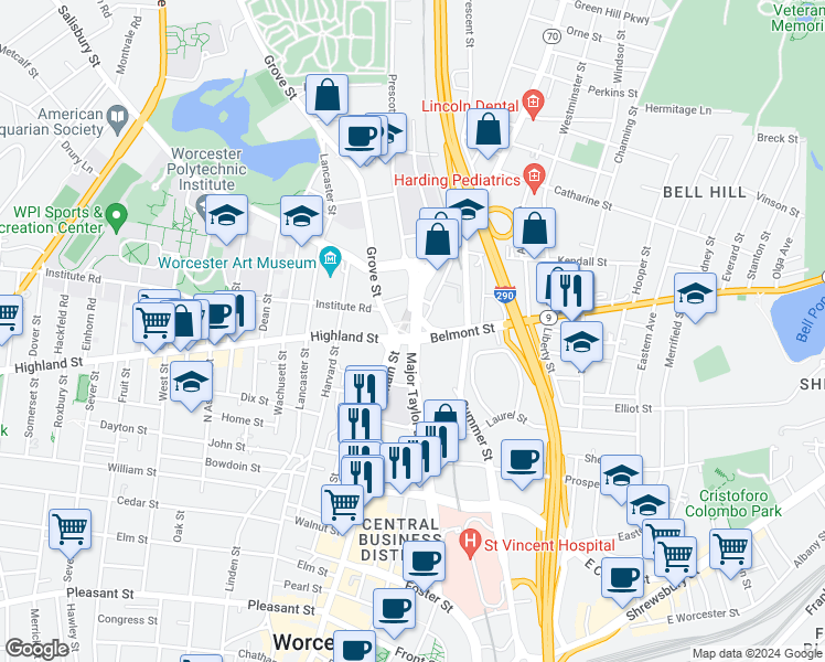 map of restaurants, bars, coffee shops, grocery stores, and more near 6 Lincoln St in Worcester