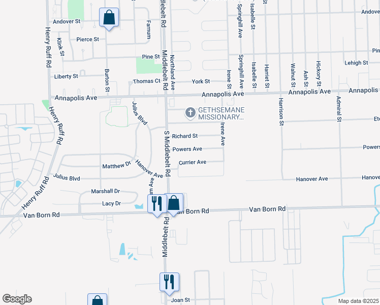 map of restaurants, bars, coffee shops, grocery stores, and more near 29057 Powers Street in Westland