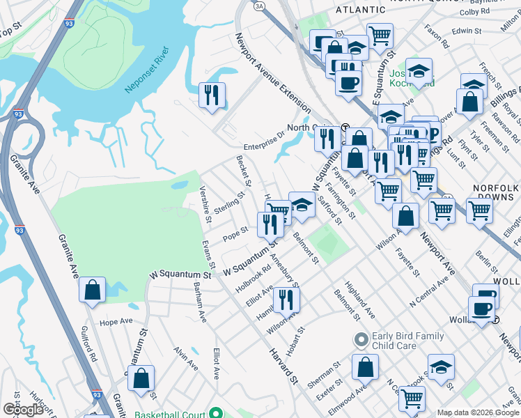map of restaurants, bars, coffee shops, grocery stores, and more near 72 Sagamore Avenue in Quincy