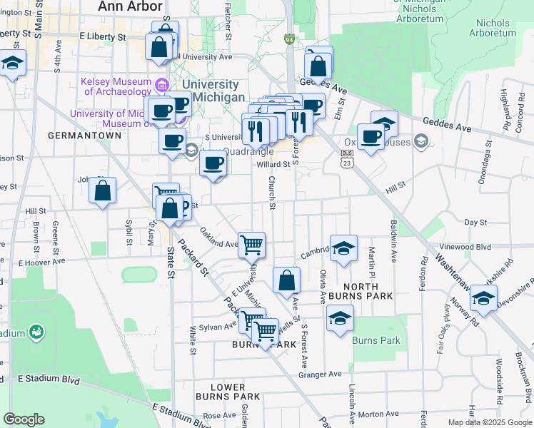 map of restaurants, bars, coffee shops, grocery stores, and more near 814 Church Street in Ann Arbor