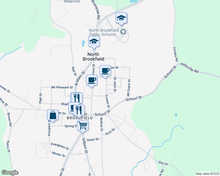 map of restaurants, bars, coffee shops, grocery stores, and more near 32 Forest Street in North Brookfield