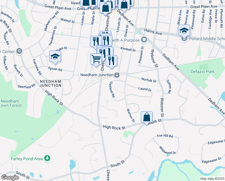 map of restaurants, bars, coffee shops, grocery stores, and more near 76 Gayland Road in Needham