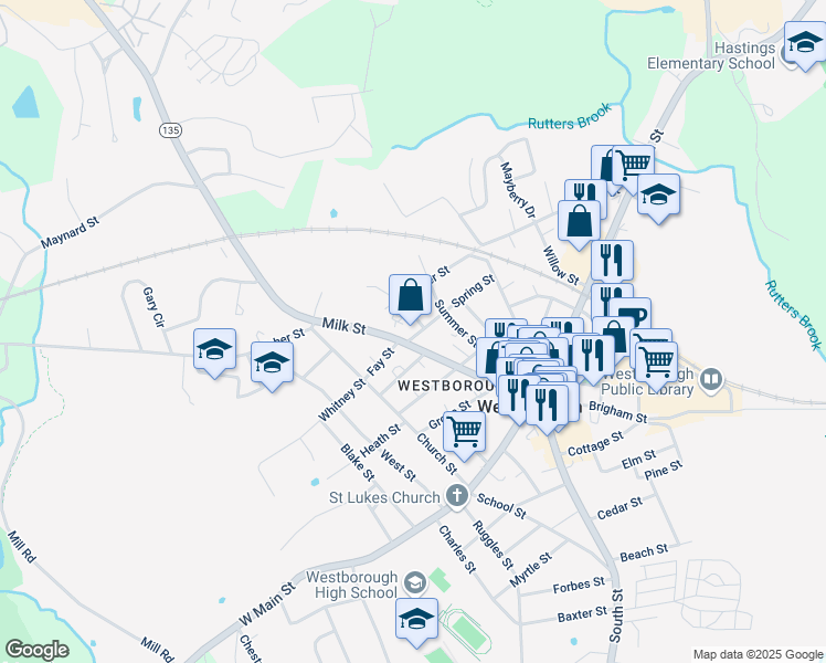 map of restaurants, bars, coffee shops, grocery stores, and more near 69 Milk Street in Westborough