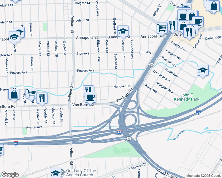 map of restaurants, bars, coffee shops, grocery stores, and more near 5613 Culver Street in Dearborn Heights