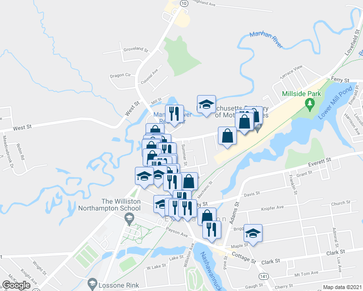 map of restaurants, bars, coffee shops, grocery stores, and more near 8 Summer Street in Easthampton