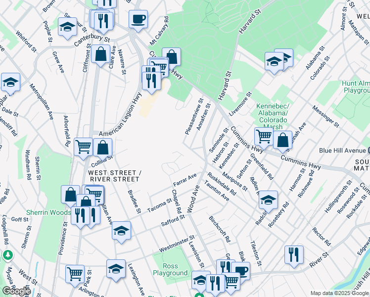 map of restaurants, bars, coffee shops, grocery stores, and more near 110X Roanoke Road in Boston