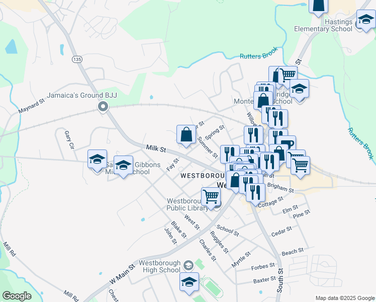 map of restaurants, bars, coffee shops, grocery stores, and more near 69 Milk Street in Westborough