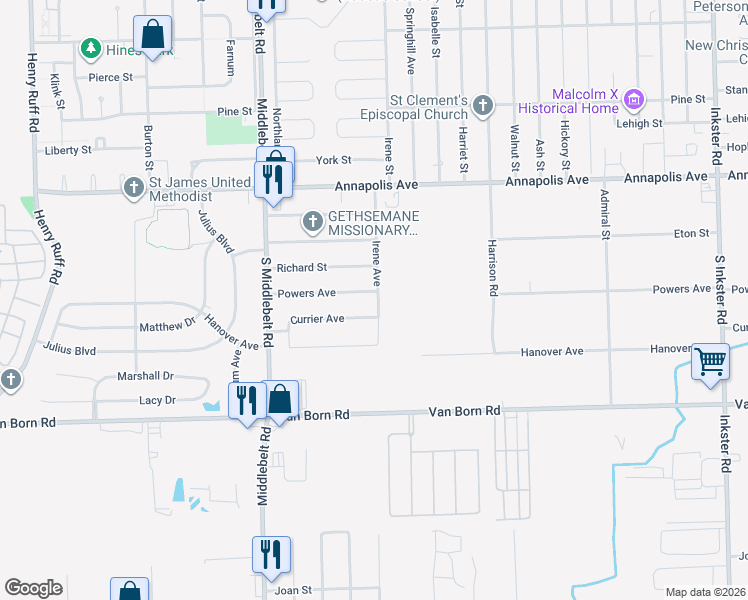 map of restaurants, bars, coffee shops, grocery stores, and more near 28911 Powers Street in Westland
