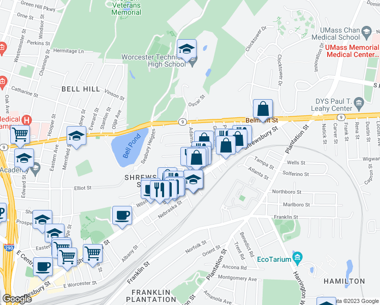 map of restaurants, bars, coffee shops, grocery stores, and more near 25 Adams Street in Worcester