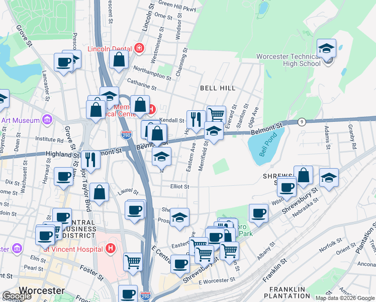 map of restaurants, bars, coffee shops, grocery stores, and more near 1 Patch Street in Worcester