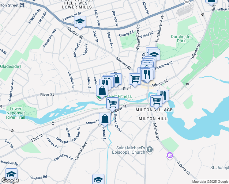 map of restaurants, bars, coffee shops, grocery stores, and more near 52R River Street in Boston
