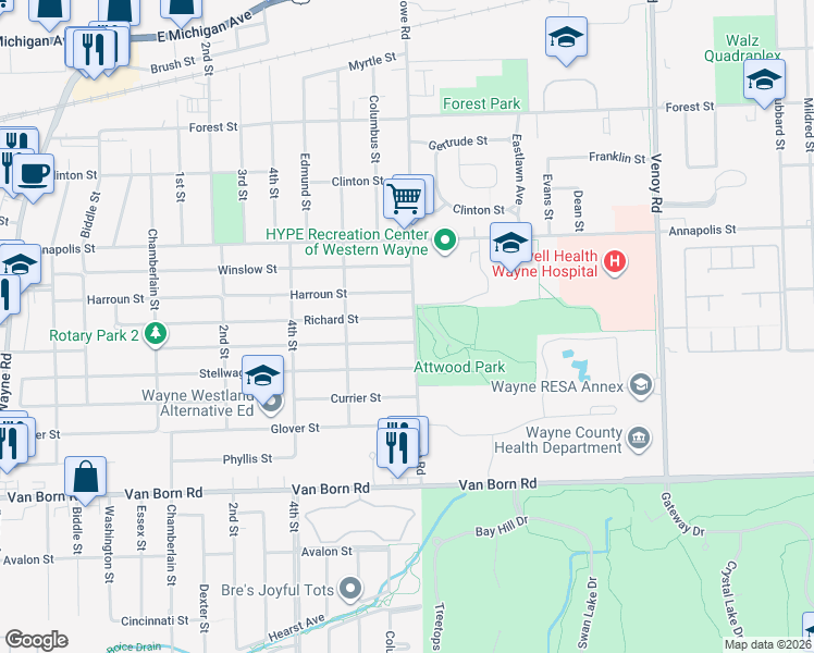 map of restaurants, bars, coffee shops, grocery stores, and more near 5024 Howe Road in Wayne