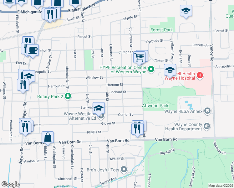 map of restaurants, bars, coffee shops, grocery stores, and more near 34251 Richard Street in Wayne