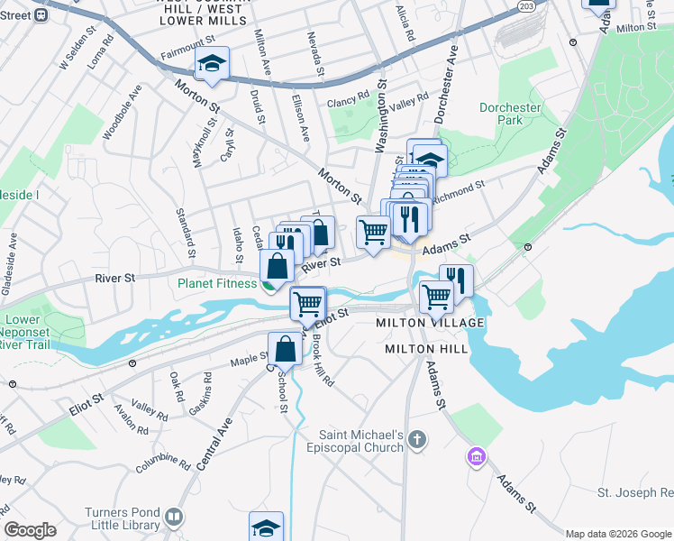 map of restaurants, bars, coffee shops, grocery stores, and more near 40 River Street in Boston