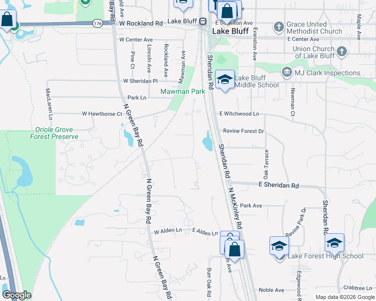 map of restaurants, bars, coffee shops, grocery stores, and more near 60 Bath and Tennis Club Road in Lake Bluff