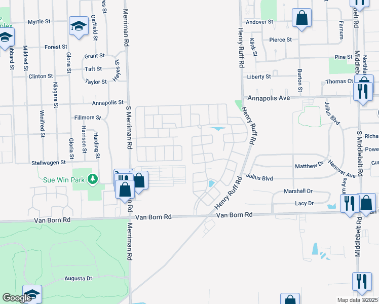 map of restaurants, bars, coffee shops, grocery stores, and more near 306 Carmel Street in Westland