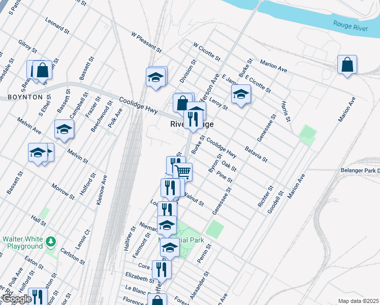 map of restaurants, bars, coffee shops, grocery stores, and more near 10693 West Jefferson Avenue in River Rouge