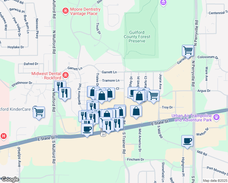 map of restaurants, bars, coffee shops, grocery stores, and more near 6395 Wicklow Close in Rockford