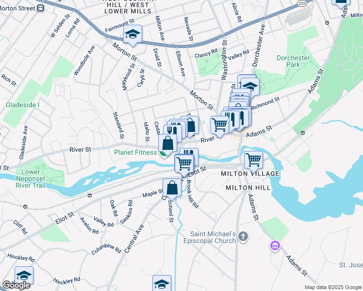 map of restaurants, bars, coffee shops, grocery stores, and more near 56 River St in Boston