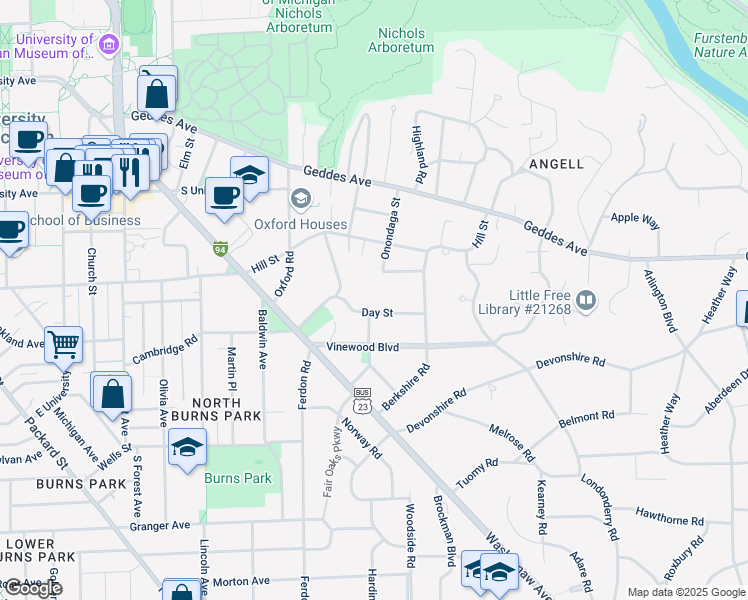 map of restaurants, bars, coffee shops, grocery stores, and more near 2003 Day Street in Ann Arbor
