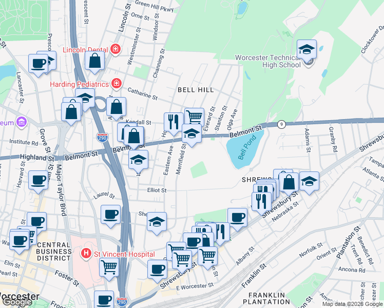 map of restaurants, bars, coffee shops, grocery stores, and more near 105 Merrifield Street in Worcester