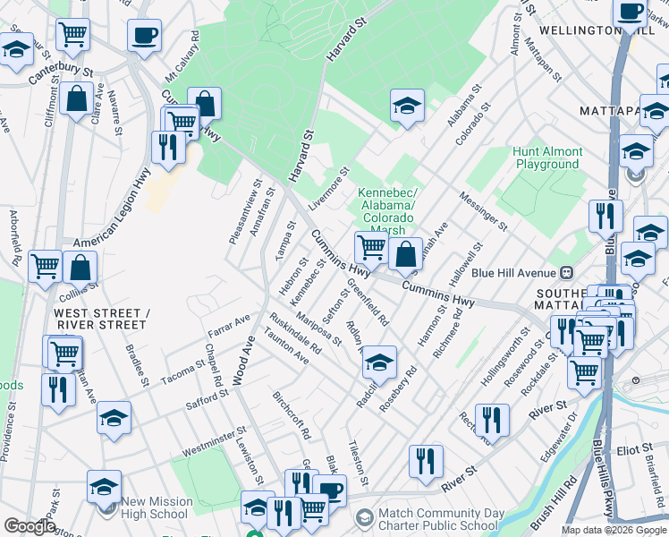 map of restaurants, bars, coffee shops, grocery stores, and more near 623 Cummins Highway in Boston