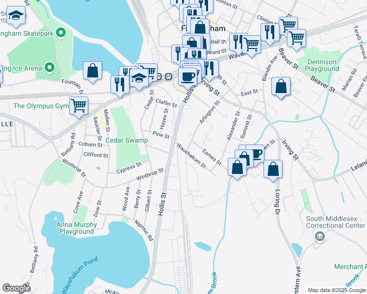 map of restaurants, bars, coffee shops, grocery stores, and more near 22 Waushakum Street in Framingham