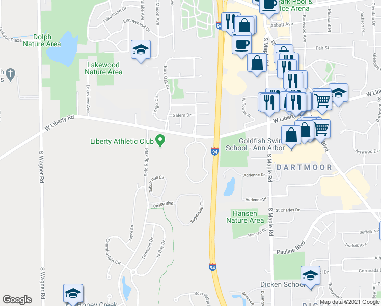 map of restaurants, bars, coffee shops, grocery stores, and more near 844 Summerfield Glen in Ann Arbor