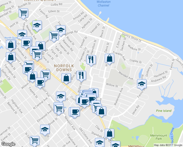 map of restaurants, bars, coffee shops, grocery stores, and more near 114 Beach Street in Quincy