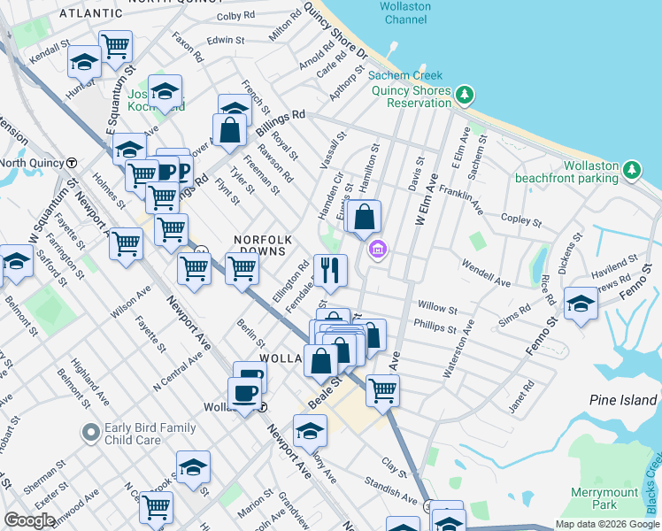 map of restaurants, bars, coffee shops, grocery stores, and more near 60 Ferndale Road in Quincy