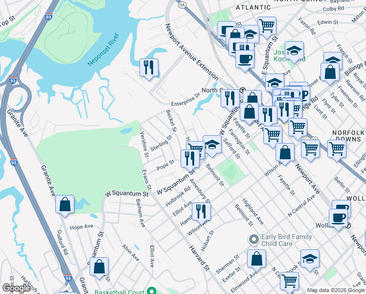 map of restaurants, bars, coffee shops, grocery stores, and more near 72 Sagamore Avenue in Quincy