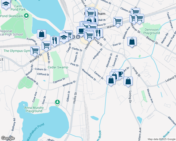 map of restaurants, bars, coffee shops, grocery stores, and more near 22 Waushakum Street in Framingham