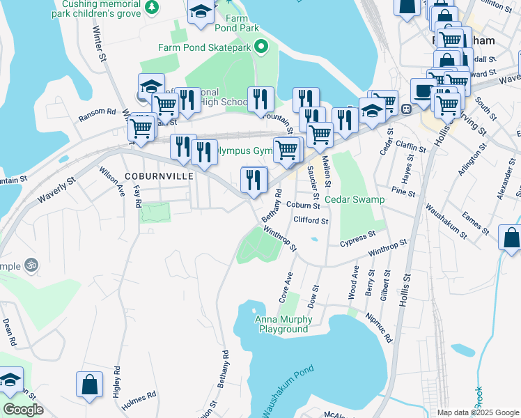 map of restaurants, bars, coffee shops, grocery stores, and more near 43 Bethany Road in Framingham