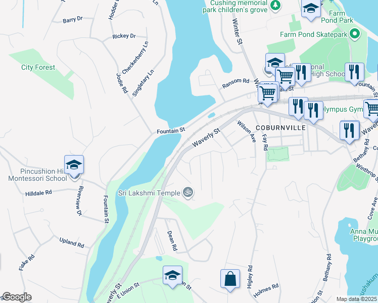 map of restaurants, bars, coffee shops, grocery stores, and more near 47 Vose Street in Framingham