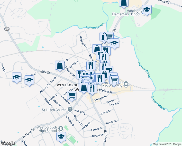 map of restaurants, bars, coffee shops, grocery stores, and more near 3 High Street in Westborough