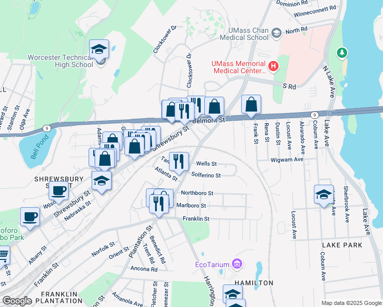 map of restaurants, bars, coffee shops, grocery stores, and more near 335 Plantation Street in Worcester