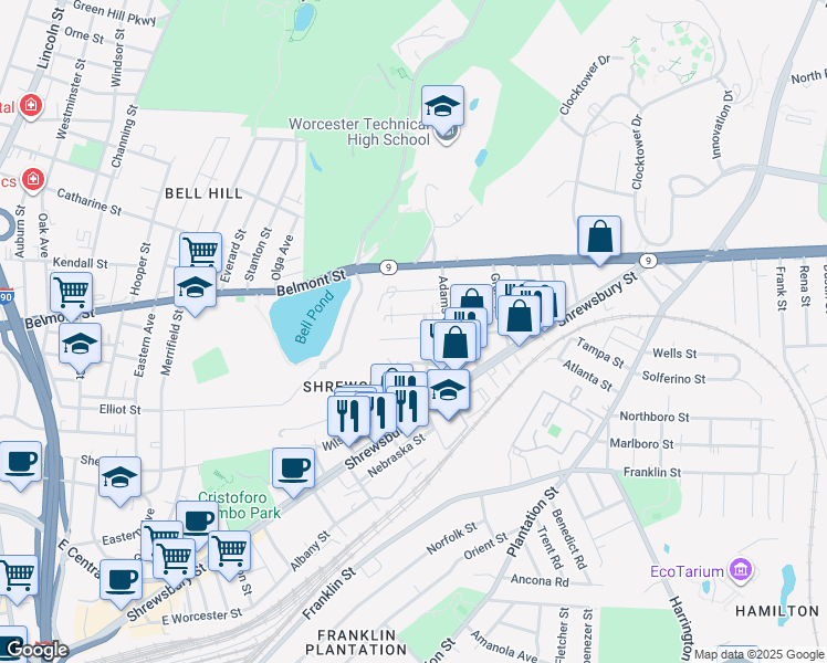 map of restaurants, bars, coffee shops, grocery stores, and more near 14 Creston Street in Worcester