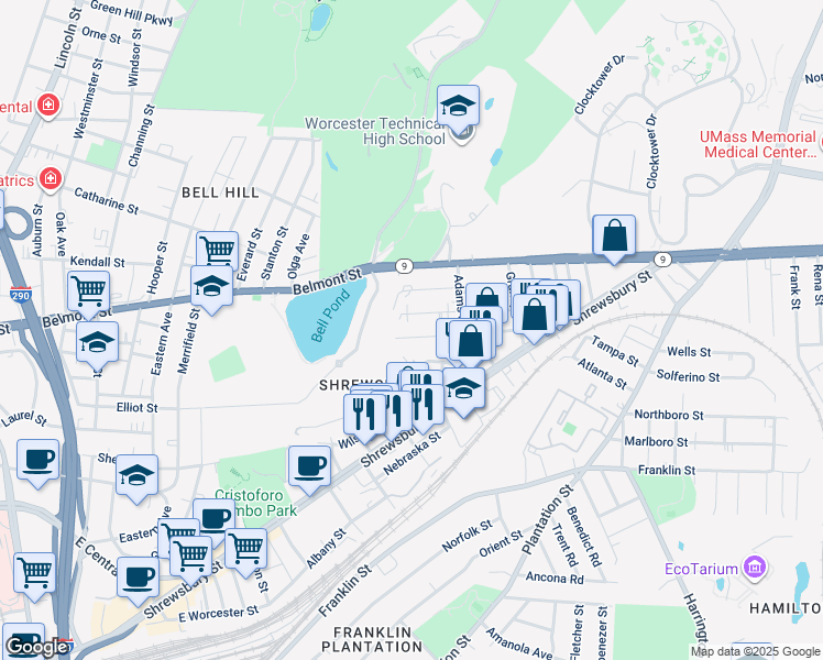map of restaurants, bars, coffee shops, grocery stores, and more near 14 Creston Street in Worcester