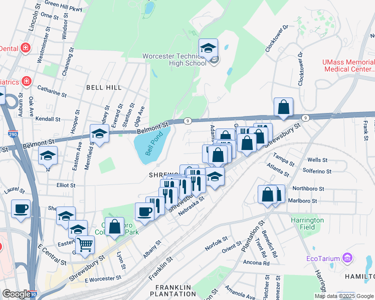 map of restaurants, bars, coffee shops, grocery stores, and more near 28 Creston Street in Worcester