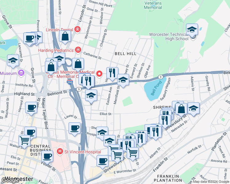 map of restaurants, bars, coffee shops, grocery stores, and more near 105 Merrifield Street in Worcester