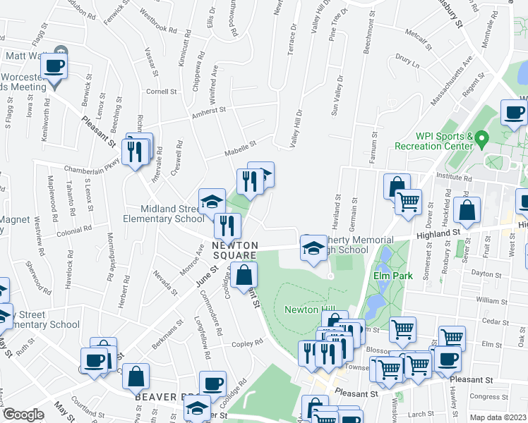 map of restaurants, bars, coffee shops, grocery stores, and more near 22 Highland Terrace in Worcester