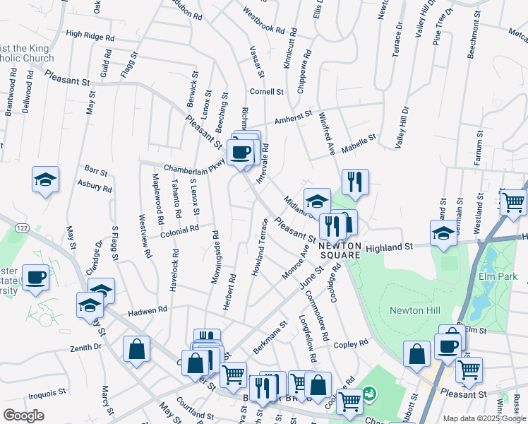 map of restaurants, bars, coffee shops, grocery stores, and more near 7 Hadwen Lane in Worcester